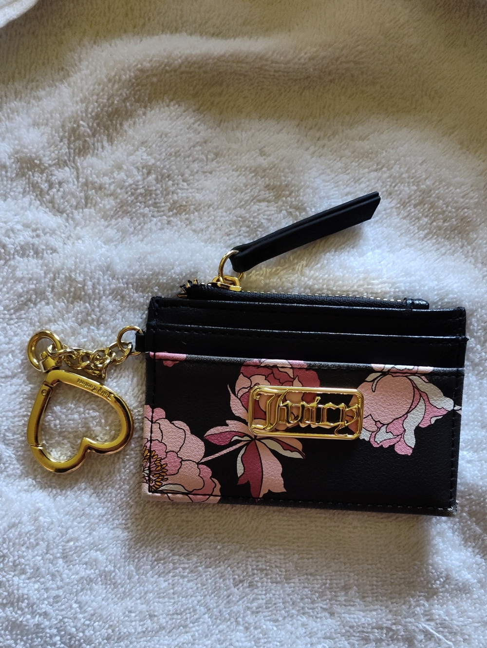 Juicy Couture Black Card Holder Changepurse Keychain with Pink Floral Print